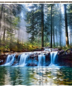 Jungle Misty Forest Waterfall Shower Curtain for Scenic Nature Bathroom Decor