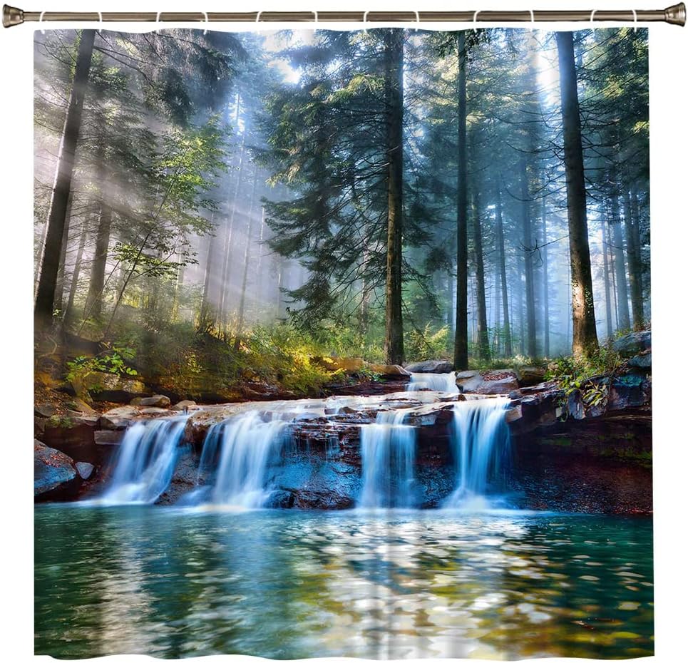 Jungle Misty Forest Waterfall Shower Curtain for Scenic Nature Bathroom Decor