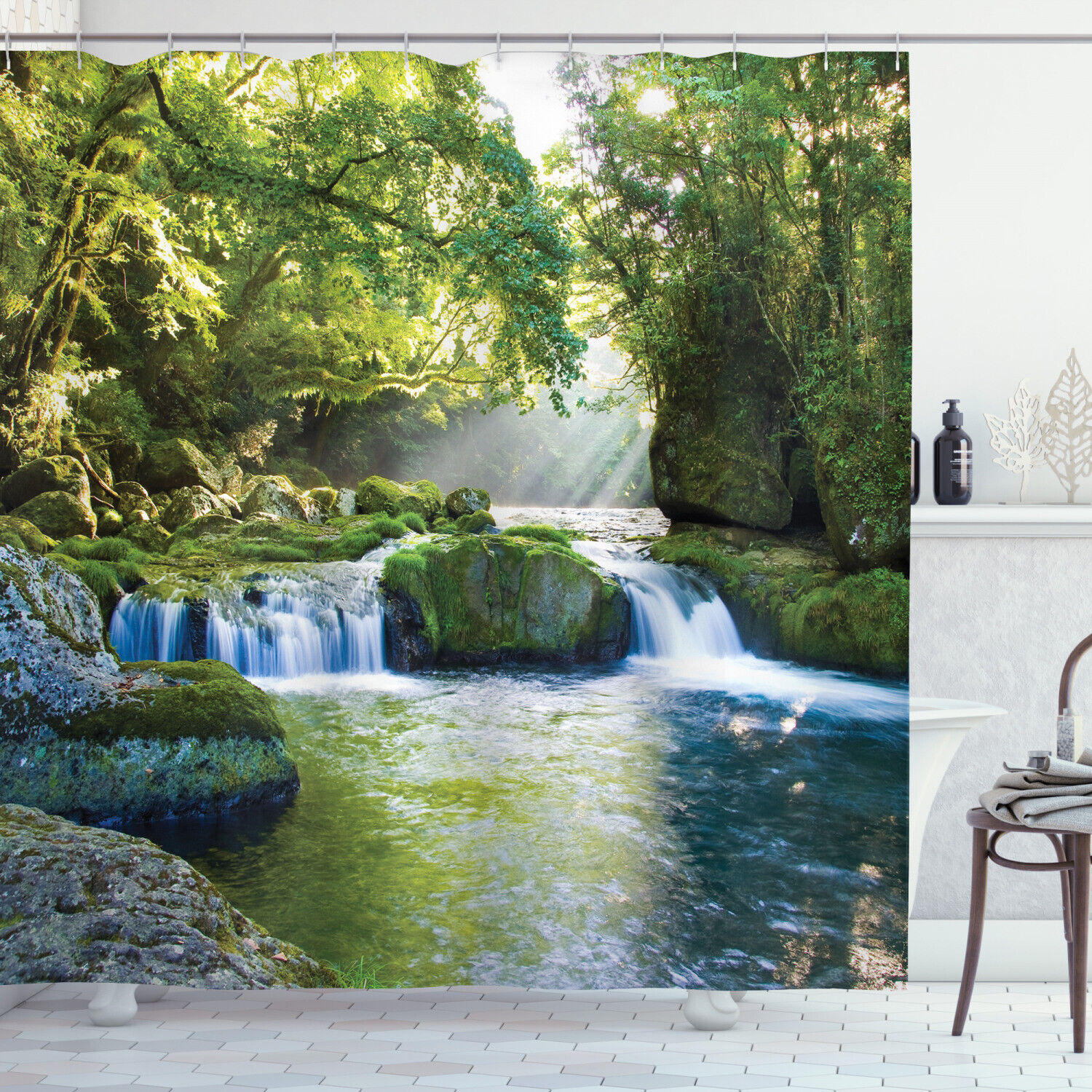 Jungle Misty Mountains Rainforest Waterfall Foliage Shower Curtain