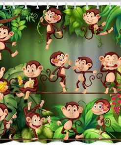 Jungle Monkeys Print Shower CurtainColorful Bathroom Decor for Kids
