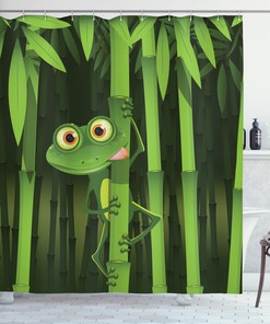 Jungle Nature Print Shower Curtain with Illustration of Frog on Stem of Bamboo by Ikfashoni