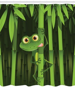 Jungle Nature Print Shower Curtain with Illustration of Frog on Stem of Bamboo by Ikfashoni