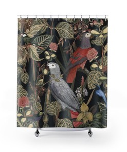Jungle Parrot And Plant Shower Curtain, Tropical Bird Bathroom Decor