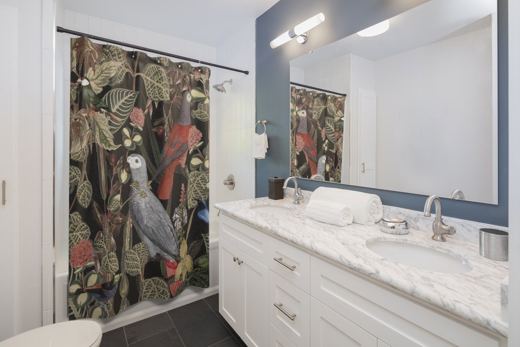 Jungle Parrot And Plant Shower Curtain, Tropical Bird Bathroom Decor - Image 2