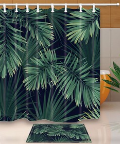 Jungle Plants Palm Leaves Shower Curtain Set For Exotic Bathroom Decor