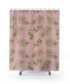 Jungle Sage Green Leaves Floral Shower Curtain With Dusty Pink For Cottage Bathroom