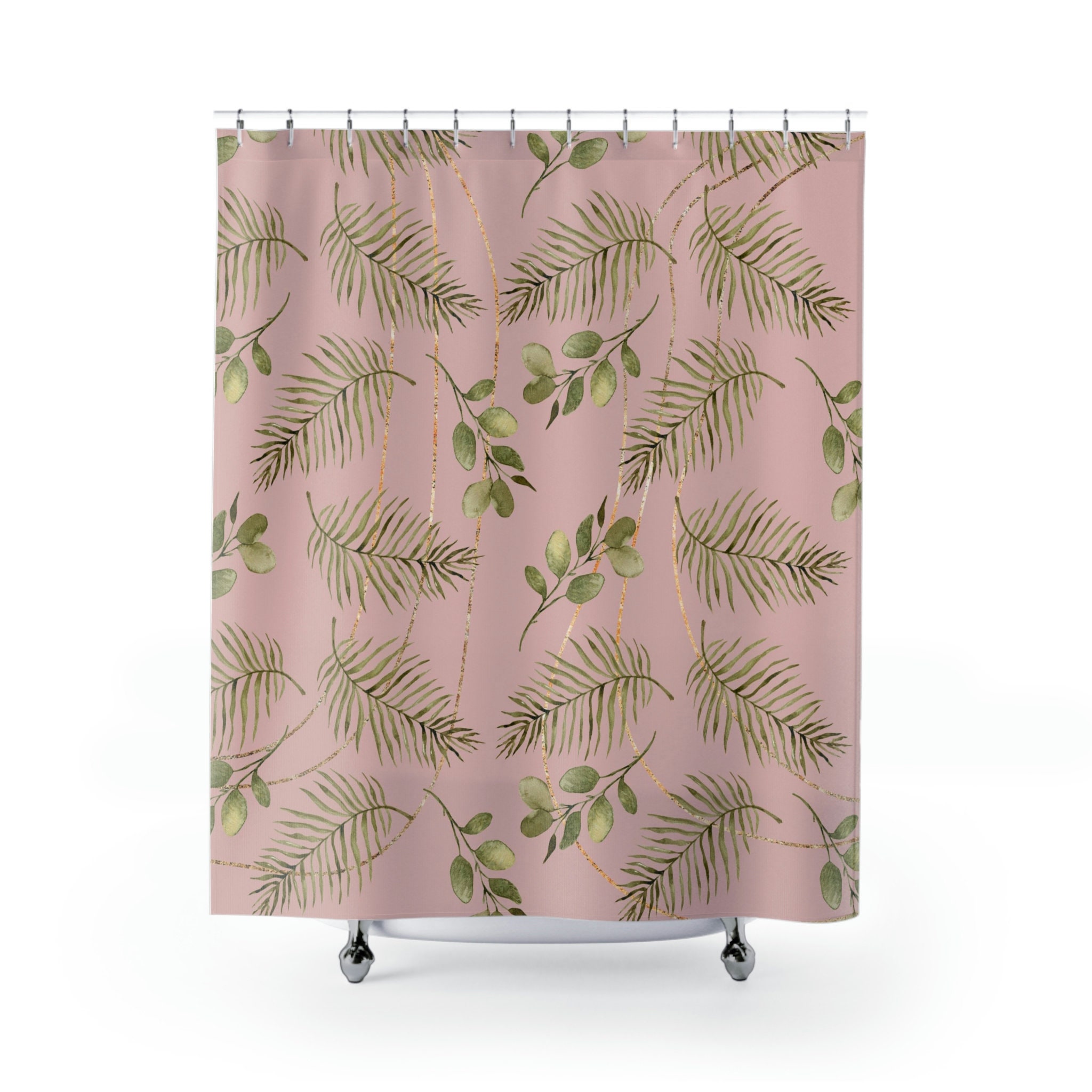 Jungle Sage Green Leaves Floral Shower Curtain With Dusty Pink For Cottage Bathroom