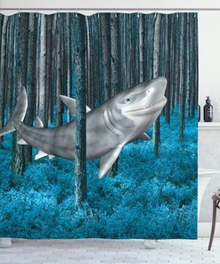Jungle Shark Shower Curtain, Nautical Emblem Print and Captain Lifebuoy Features Design 