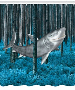 Jungle Shark Shower Curtain, Nautical Emblem Print and Captain Lifebuoy Features Design