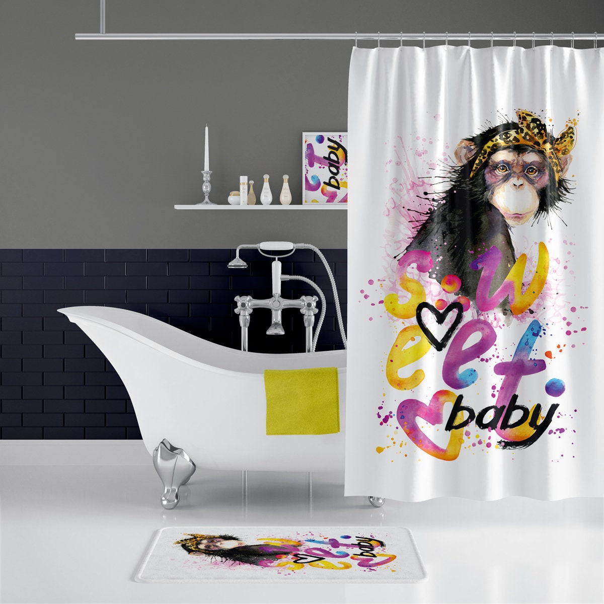 Jungle Shower Curtain with Safari Animal Theme for Black and White Bathroom Decor