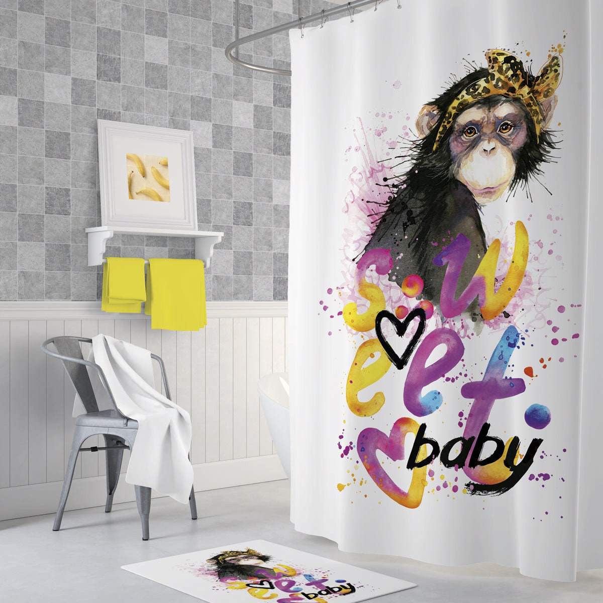 Jungle Shower Curtain with Safari Animal Theme for Black and White Bathroom Decor