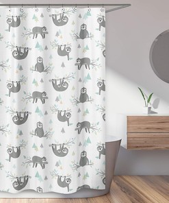 Jungle Sloth Leaf Print Shower Curtain in Blue and Grey by Sweet Jojo Designs for Bathroom Decor