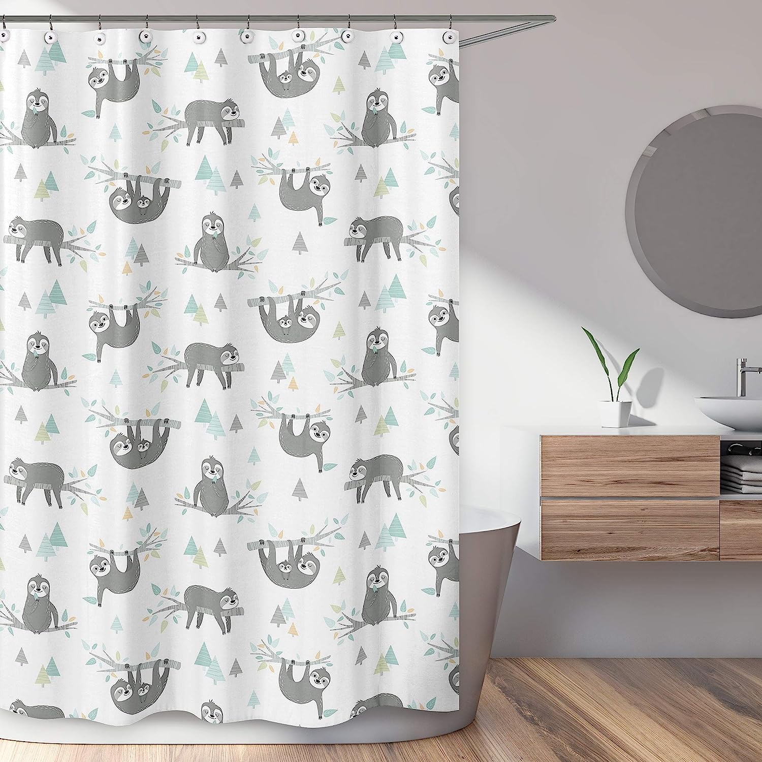 Jungle Sloth Leaf Print Shower Curtain in Blue and Grey by Sweet Jojo Designs for Bathroom Decor