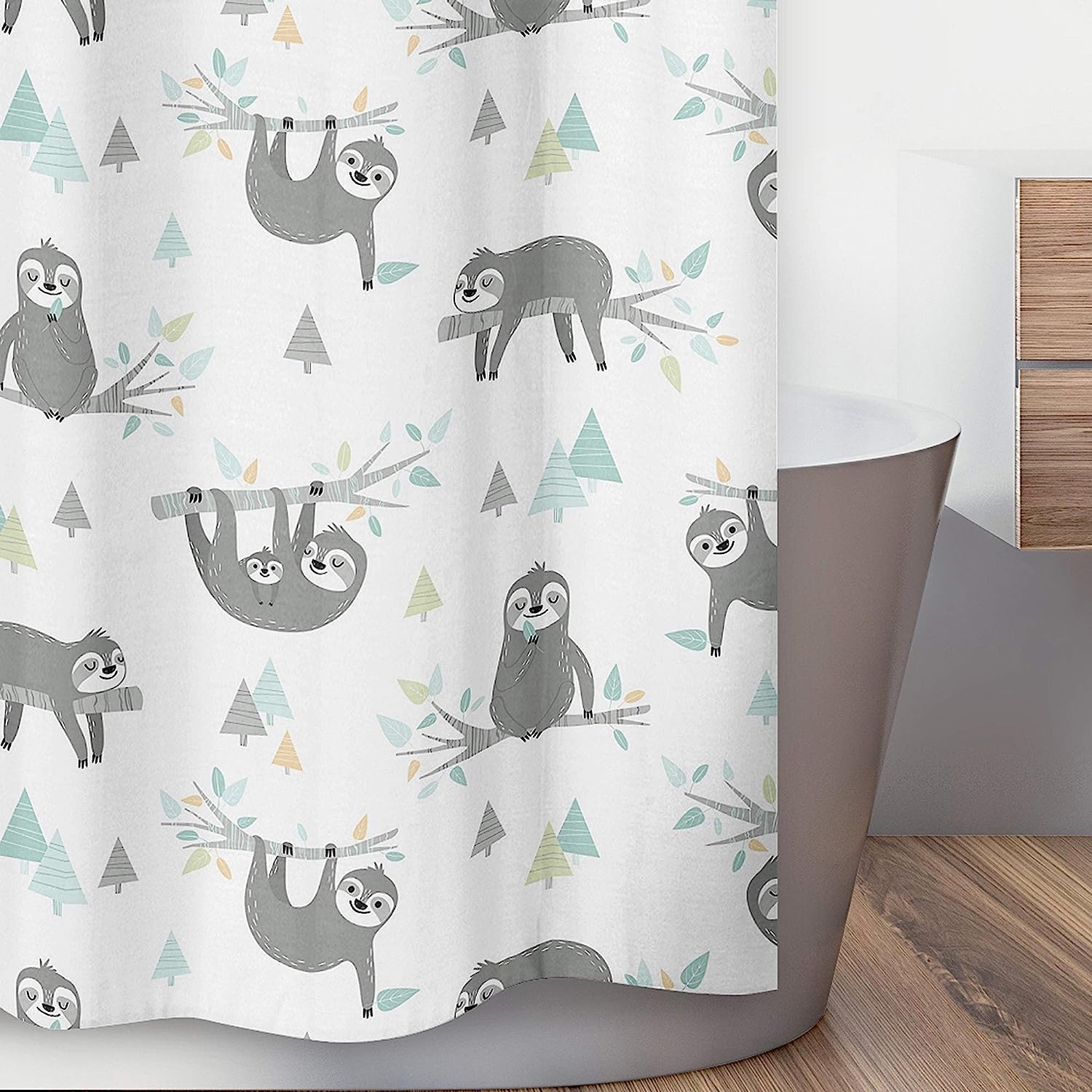 Jungle Sloth Leaf Print Shower Curtain in Blue and Grey by Sweet Jojo Designs for Bathroom Decor