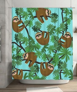 Jungle Sloths Shower Curtain Lazy Animals Hanging in Rainforest, Blue Fabric Household Bathtub Waterproof Curtain  