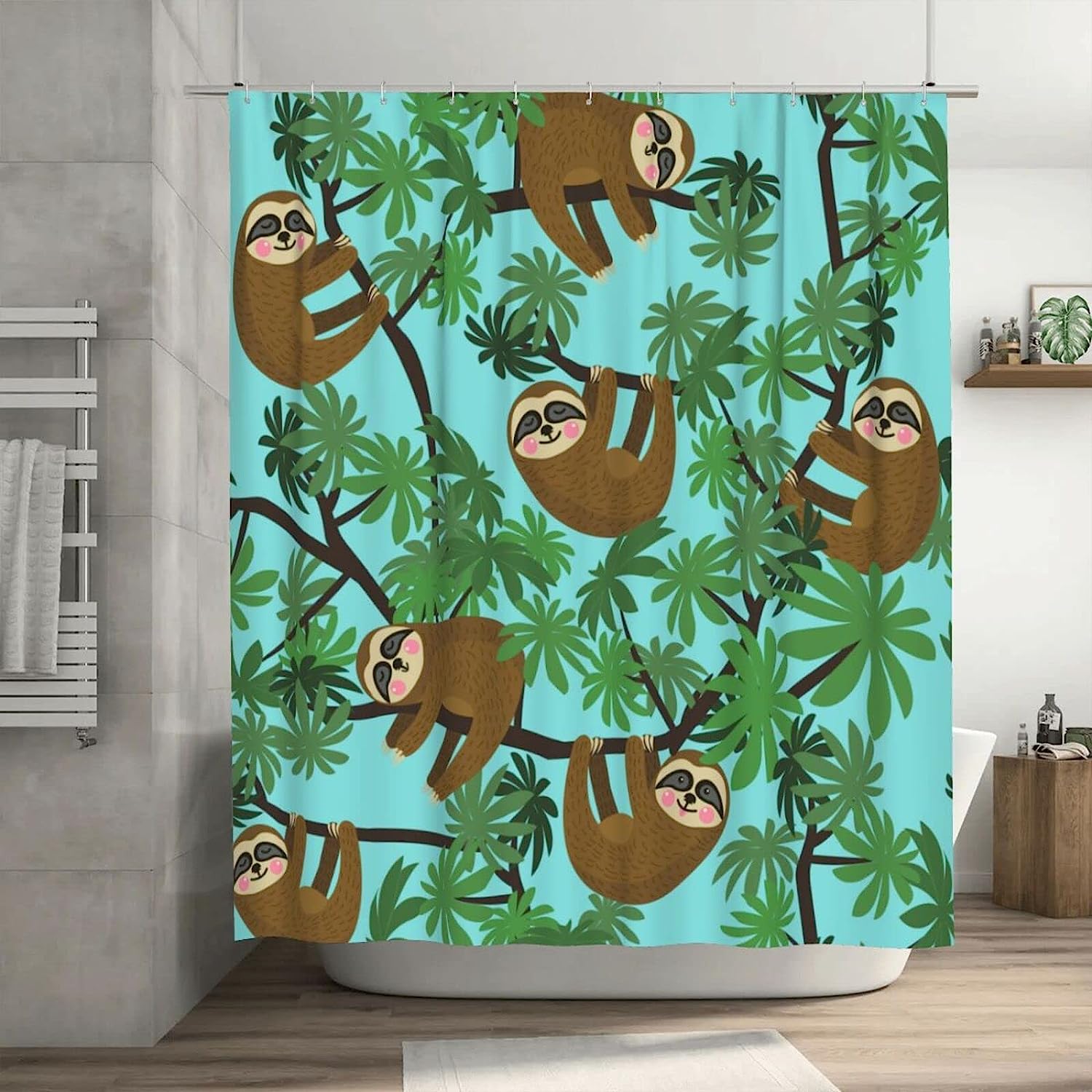 Jungle Sloths Shower Curtain Lazy Animals Hanging in Rainforest, Blue Fabric Household Bathtub Waterproof Curtain