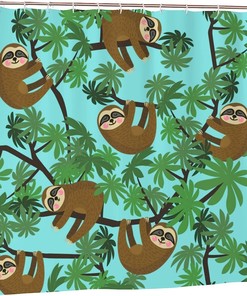 Jungle Sloths Shower Curtain Lazy Animals Hanging in Rainforest, Blue Fabric Household Bathtub Waterproof Curtain