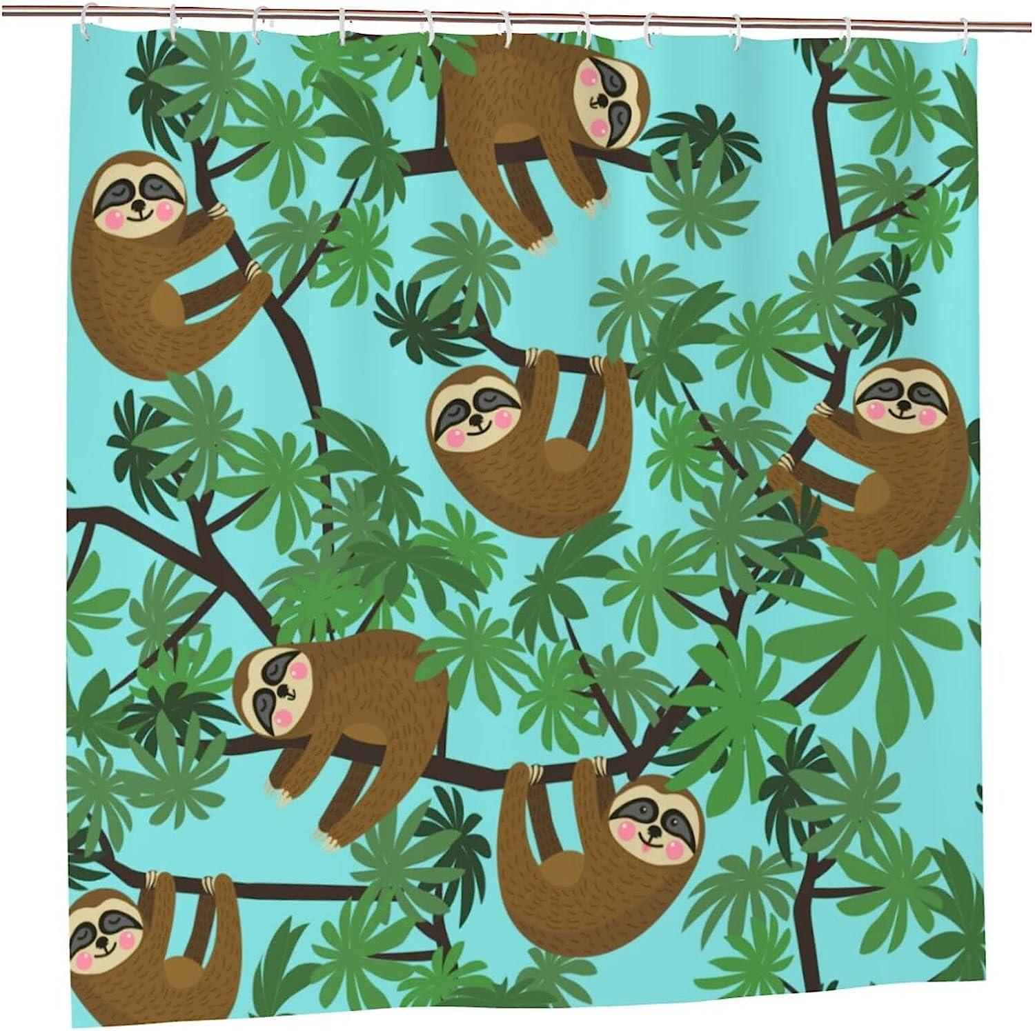 Jungle Sloths Shower Curtain Lazy Animals Hanging in Rainforest, Blue Fabric Household Bathtub Waterproof Curtain