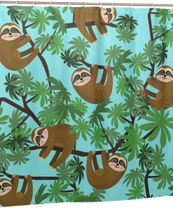 Jungle Sloths Shower Curtain Lazy Animals Hanging in Rainforest, Blue Fabric Household Bathtub Waterproof Curtain