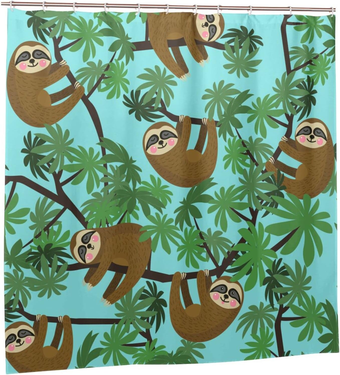 Jungle Sloths Shower Curtain Lazy Animals Hanging in Rainforest, Blue Fabric Household Bathtub Waterproof Curtain