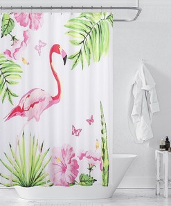 Jungle Theme Shower Curtain Flamingo & Tropical Floral Print