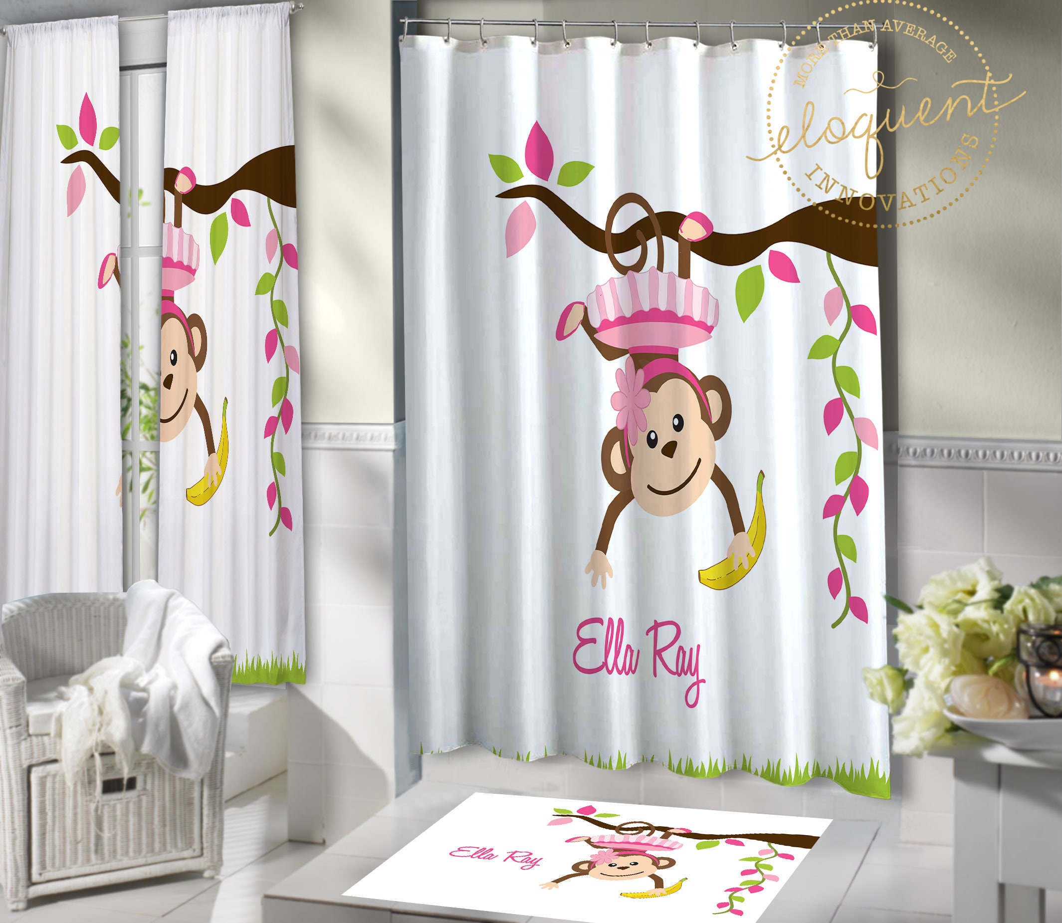 Jungle Themed Personalized Monkey Bathroom Shower Curtain - Perfect for Kids