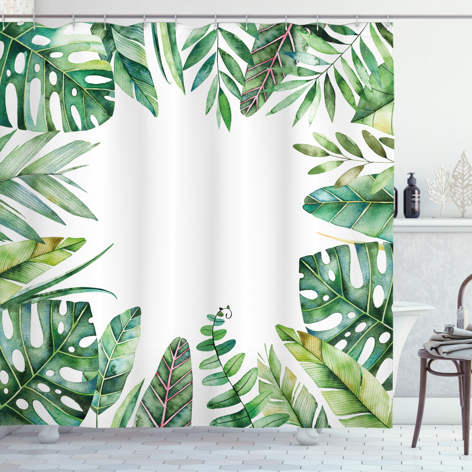 Jungle Themed Picture Print Shower Curtain for Bathroom with Plant Print