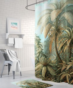 Jungle Toile de Jouy Art Shower Curtain with Blue White Contemporary Pattern