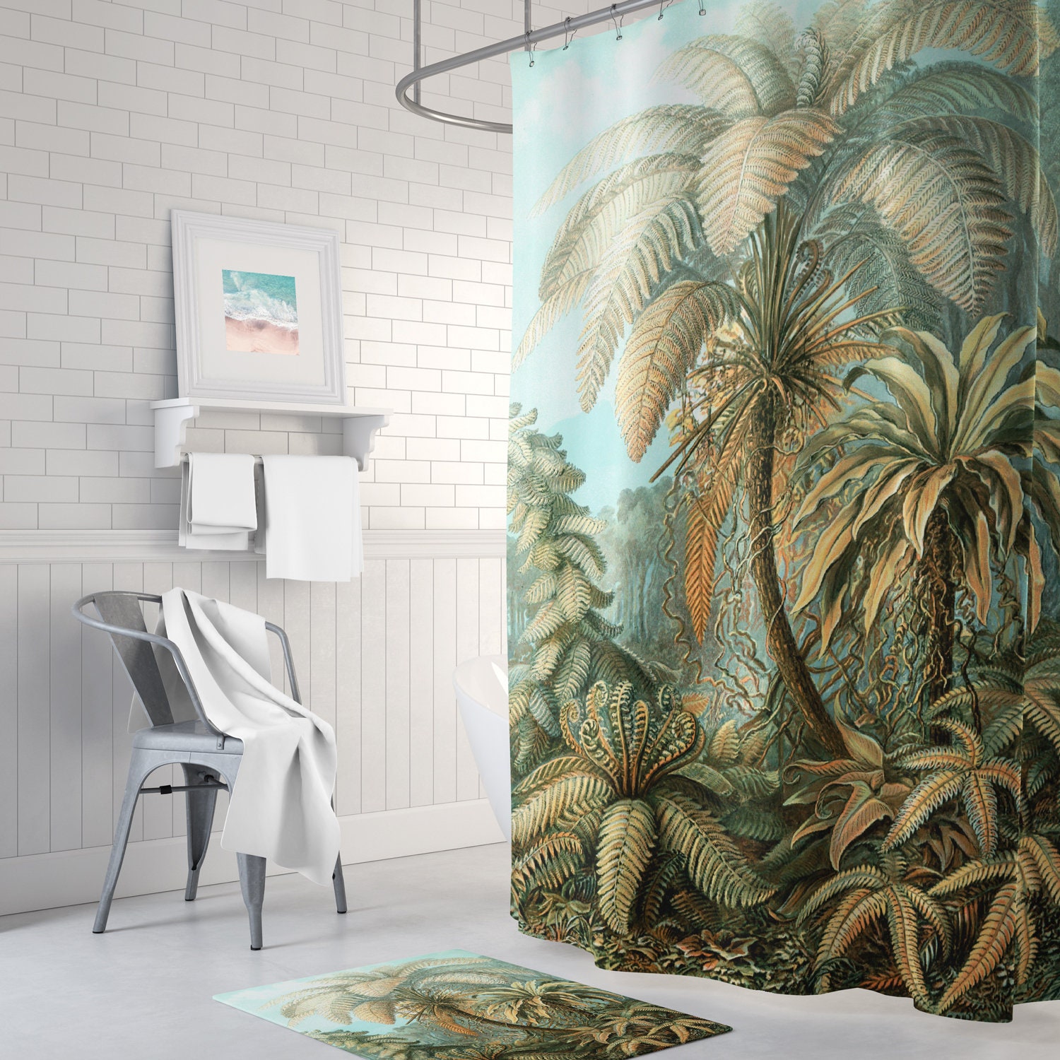 Jungle Toile de Jouy Art Shower Curtain with Blue White Contemporary Pattern
