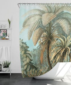 Jungle Toile de Jouy Art Shower Curtain with Blue White Contemporary Pattern
