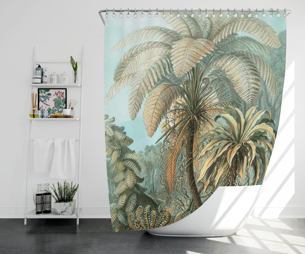 Jungle Toile de Jouy Art Shower Curtain with Blue White Contemporary Pattern