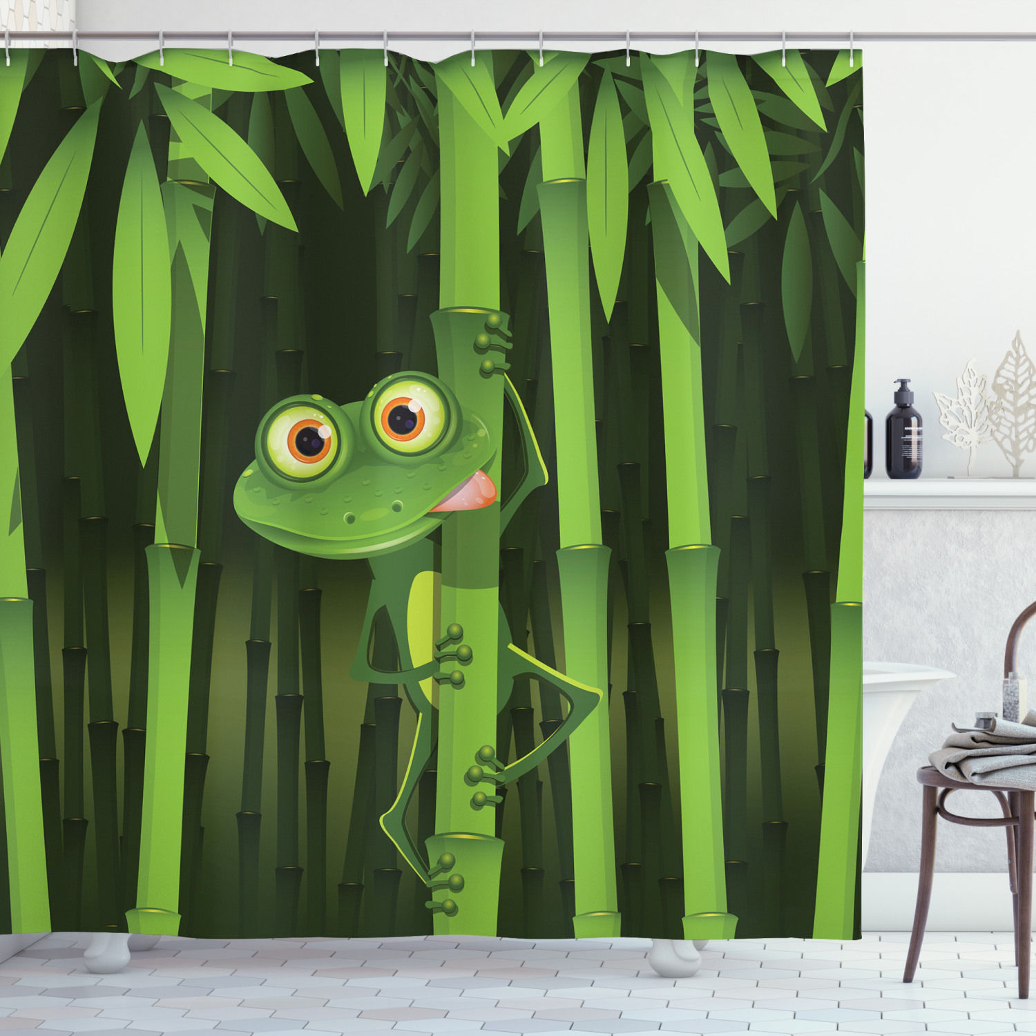 Jungle Trees Fun Frog Print On Bamboo Shower Curtain, Ideal For Brightening Up Your Bathroom - Image 3