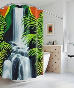 Jungle Waterfall Art Print Shower Curtain, Modern Bathroom Decor with Waterfall and Jungle Design