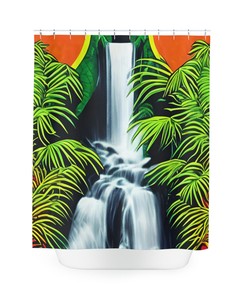 Jungle Waterfall Art Print Shower Curtain, Modern Bathroom Decor with Waterfall and Jungle Design