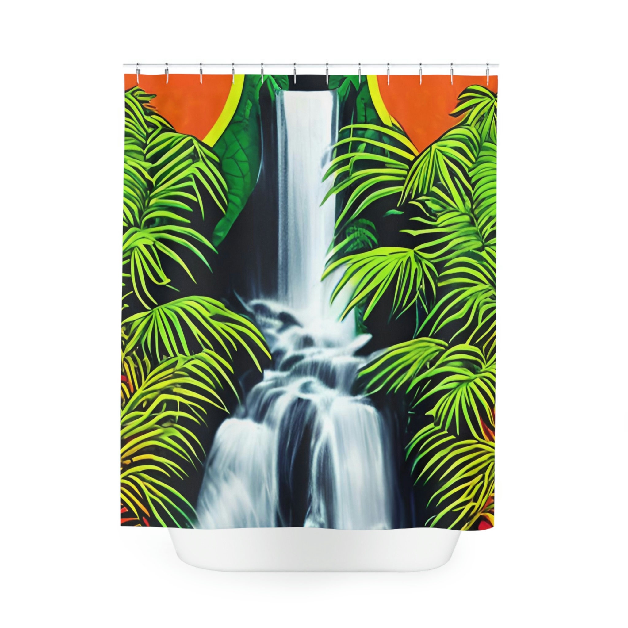 Jungle Waterfall Art Print Shower Curtain, Modern Bathroom Decor with Waterfall and Jungle Design