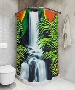 Jungle Waterfall Art Print Shower Curtain, Modern Bathroom Decor with Waterfall and Jungle Design