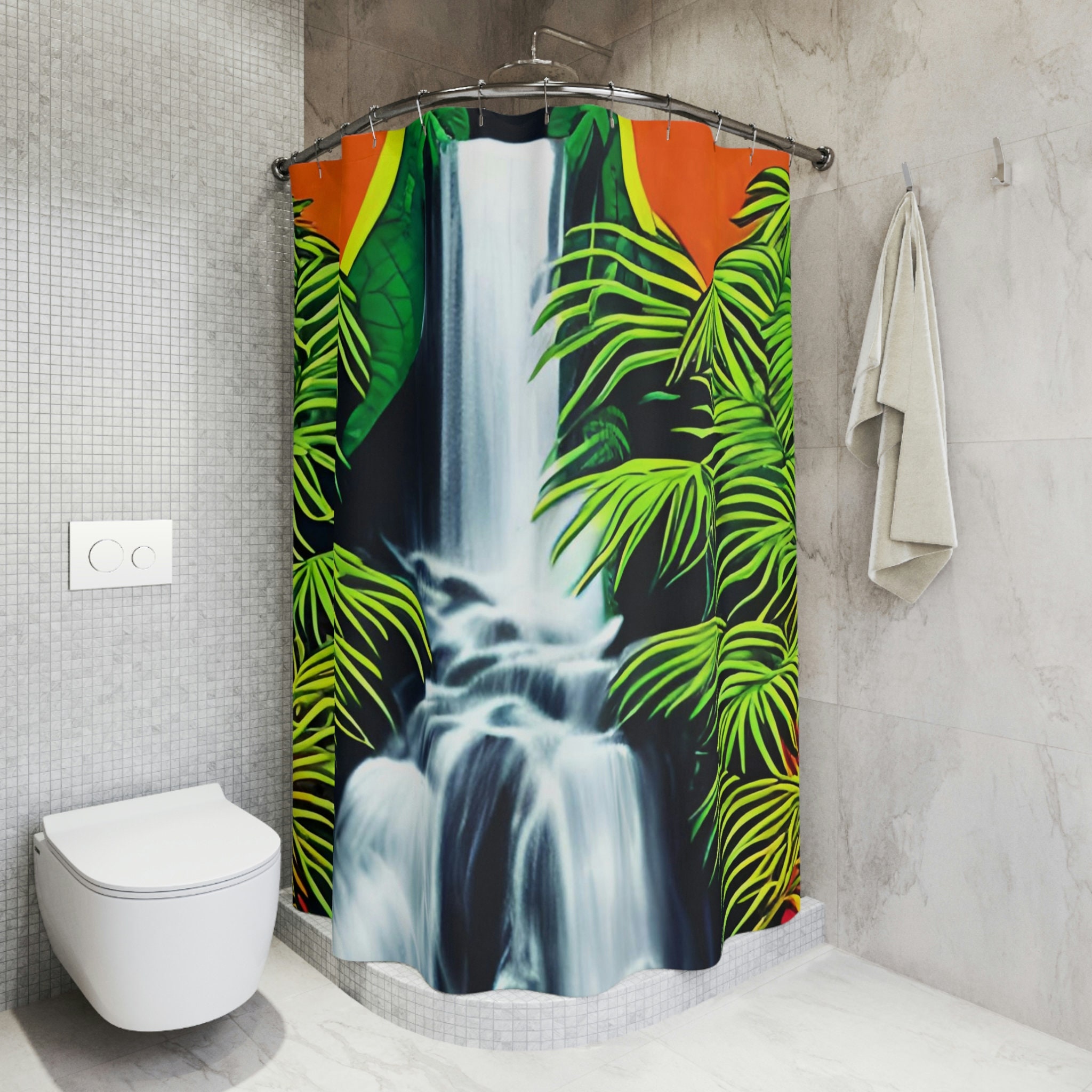Jungle Waterfall Art Print Shower Curtain, Modern Bathroom Decor with Waterfall and Jungle Design