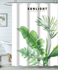 Jungle-Inspired Shower Curtain with Letter Print and Tropical Palm Tree Leaves