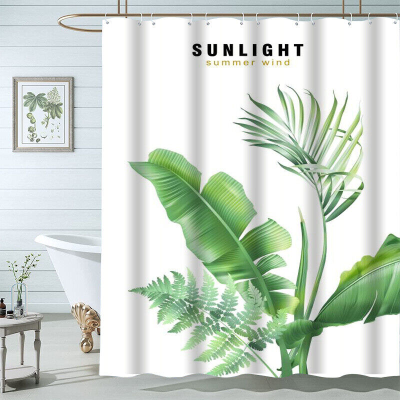 Jungle-Inspired Shower Curtain with Letter Print and Tropical Palm Tree Leaves
