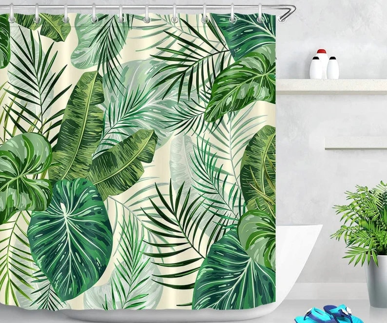 Jungle-Inspired Waterproof Shower Curtain with Tropical Palm Leaves Print