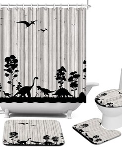 Jurassic Dinosaur Silhouette Shower Curtain For Kids Bathroom, 4 Piece Dino Set,