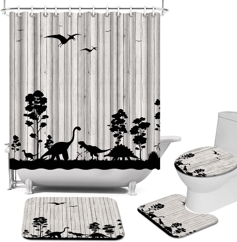 Jurassic Dinosaur Silhouette Shower Curtain For Kids Bathroom, 4 Piece Dino Set,