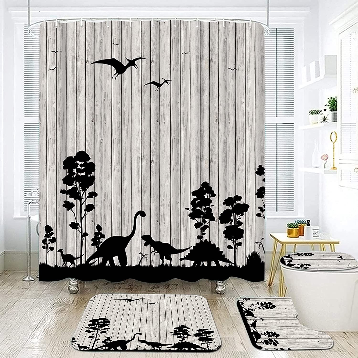 Jurassic Dinosaur Silhouette Shower Curtain For Kids Bathroom, 4 Piece Dino Set, - Image 2