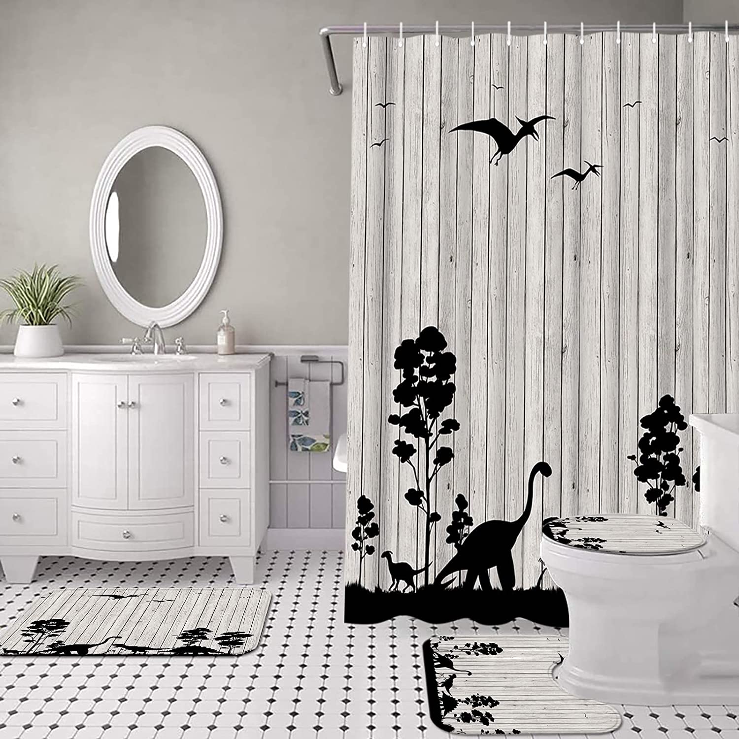 Jurassic Dinosaur Silhouette Shower Curtain For Kids Bathroom, 4 Piece Dino Set, - Image 3