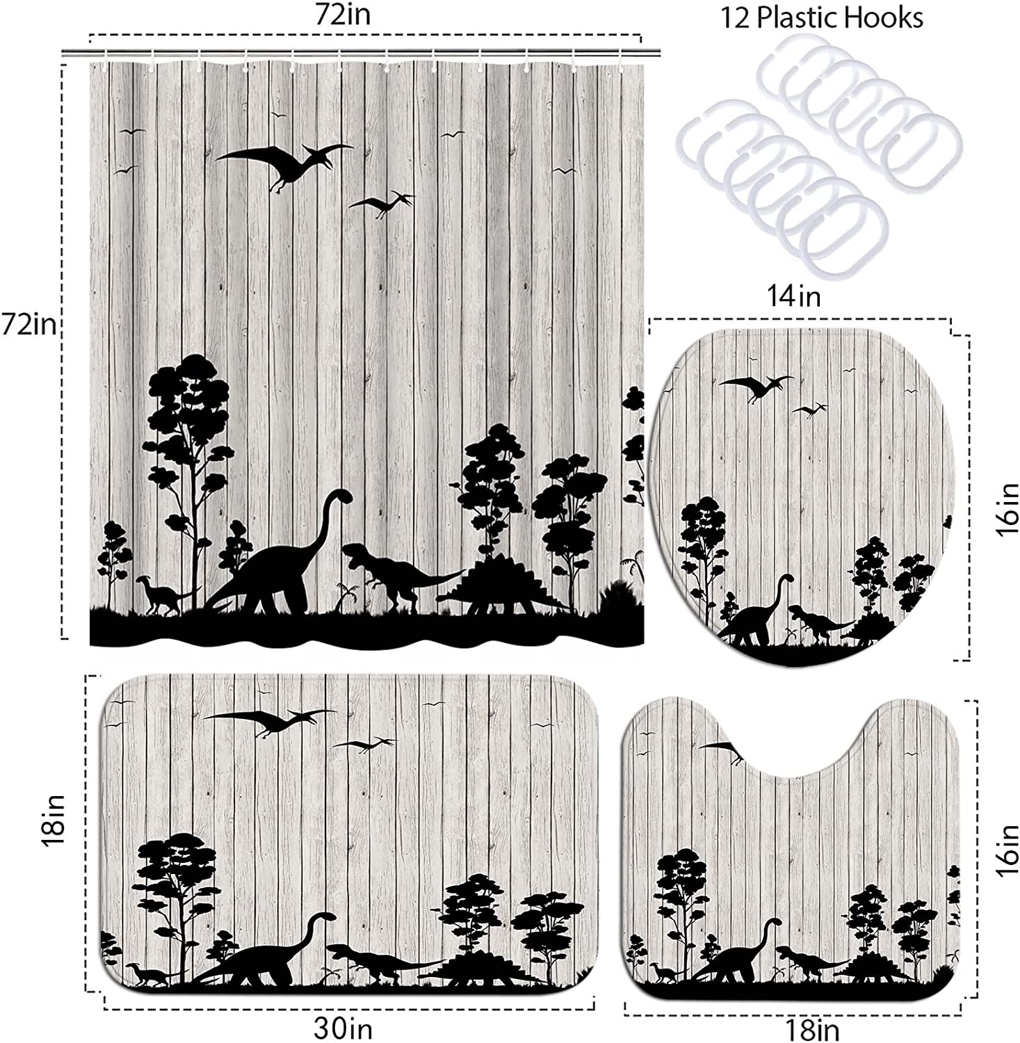 Jurassic Dinosaur Silhouette Shower Curtain For Kids Bathroom, 4 Piece Dino Set, - Image 4