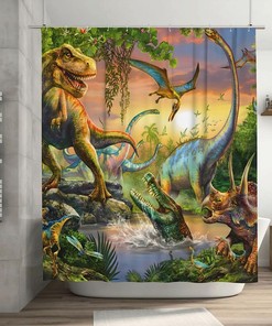 Jurassic Wild Ancient Animals Theme Cartoon Jungle Wildlife Dino Fairytales Nature Waterproof Fabric Shower Curtain