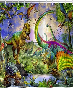 Jurassic Wildlife Dino Scene Anhope Dinosaur Shower Curtain With Cartoon Print Pattern