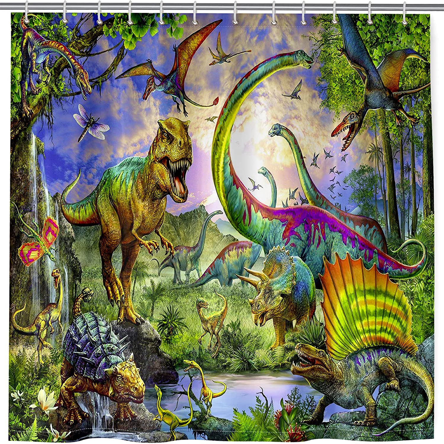 Jurassic Wildlife Dino Scene Anhope Dinosaur Shower Curtain With Cartoon Print Pattern
