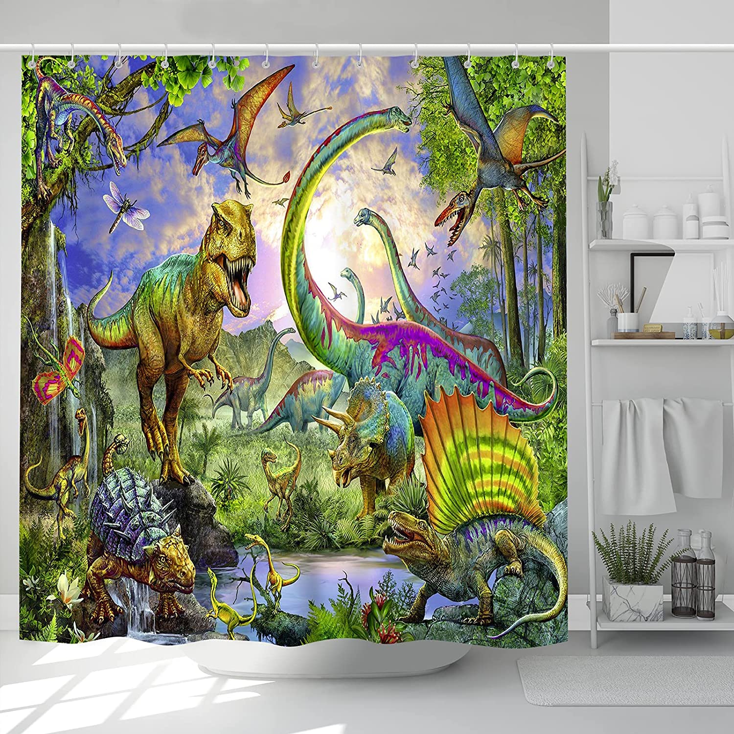 Jurassic Wildlife Dino Scene Anhope Dinosaur Shower Curtain With Cartoon Print Pattern - Image 2