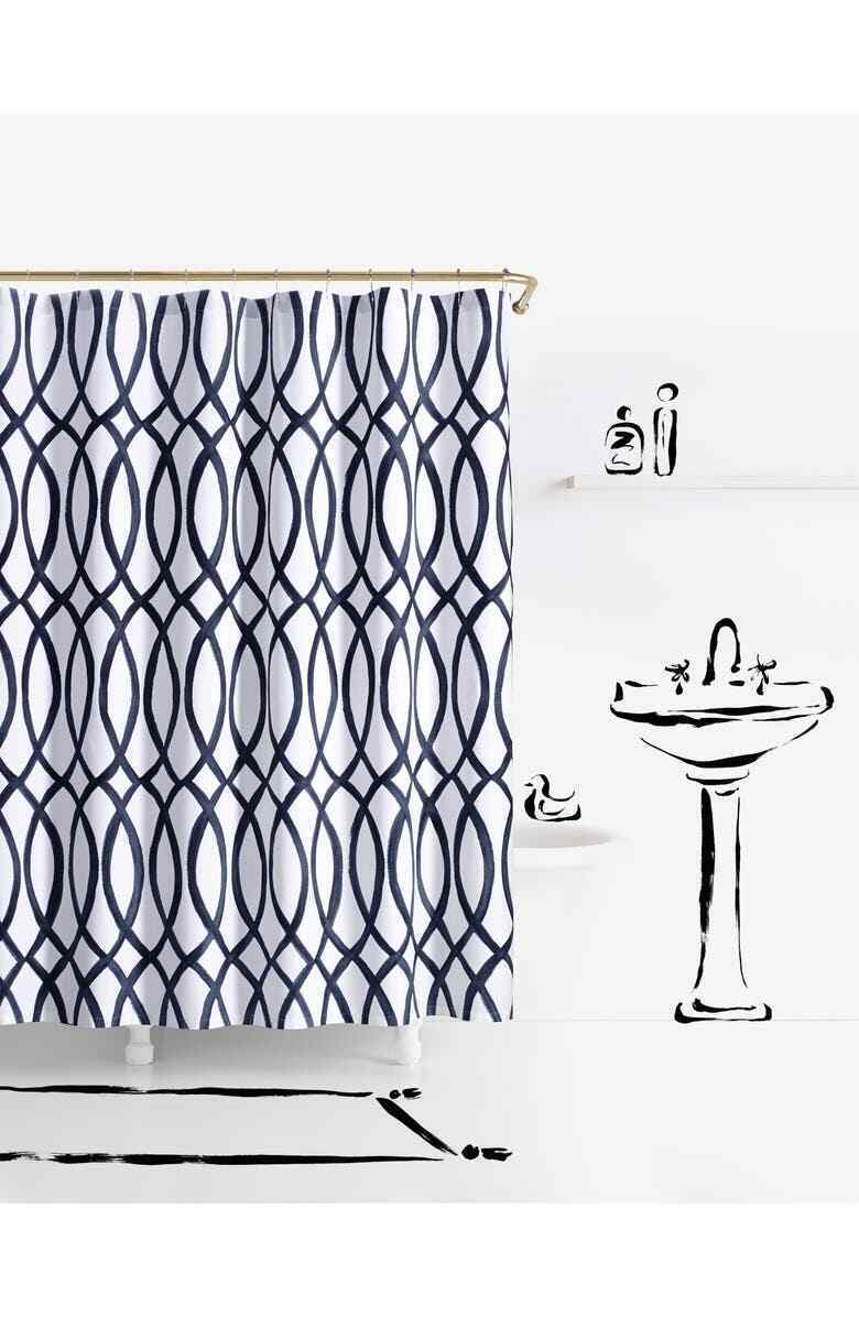 Kate Spade Modern Geometric Blue Painted Trellis Fabric Shower Curtain for Elegant Bathroom